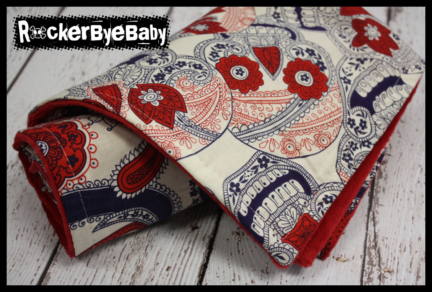 Indigo Sugar Skulls and Paisley RARE baby or toddler blanket patchwork girl boy or unisex Red, Off white and Navy with Red minky smooth