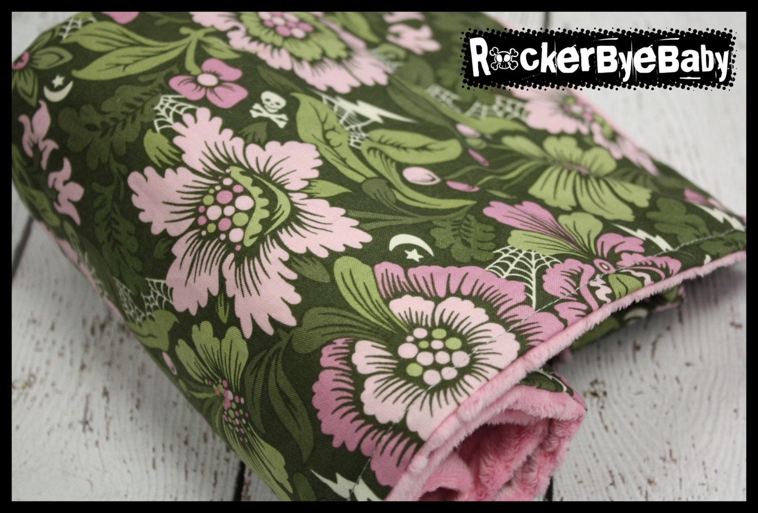 Secret Garden Punk Rock baby or toddler girl blanket Flowers Spiderwebs and skulls Olive and Dusty Rose Pink with bubble gum minky dot