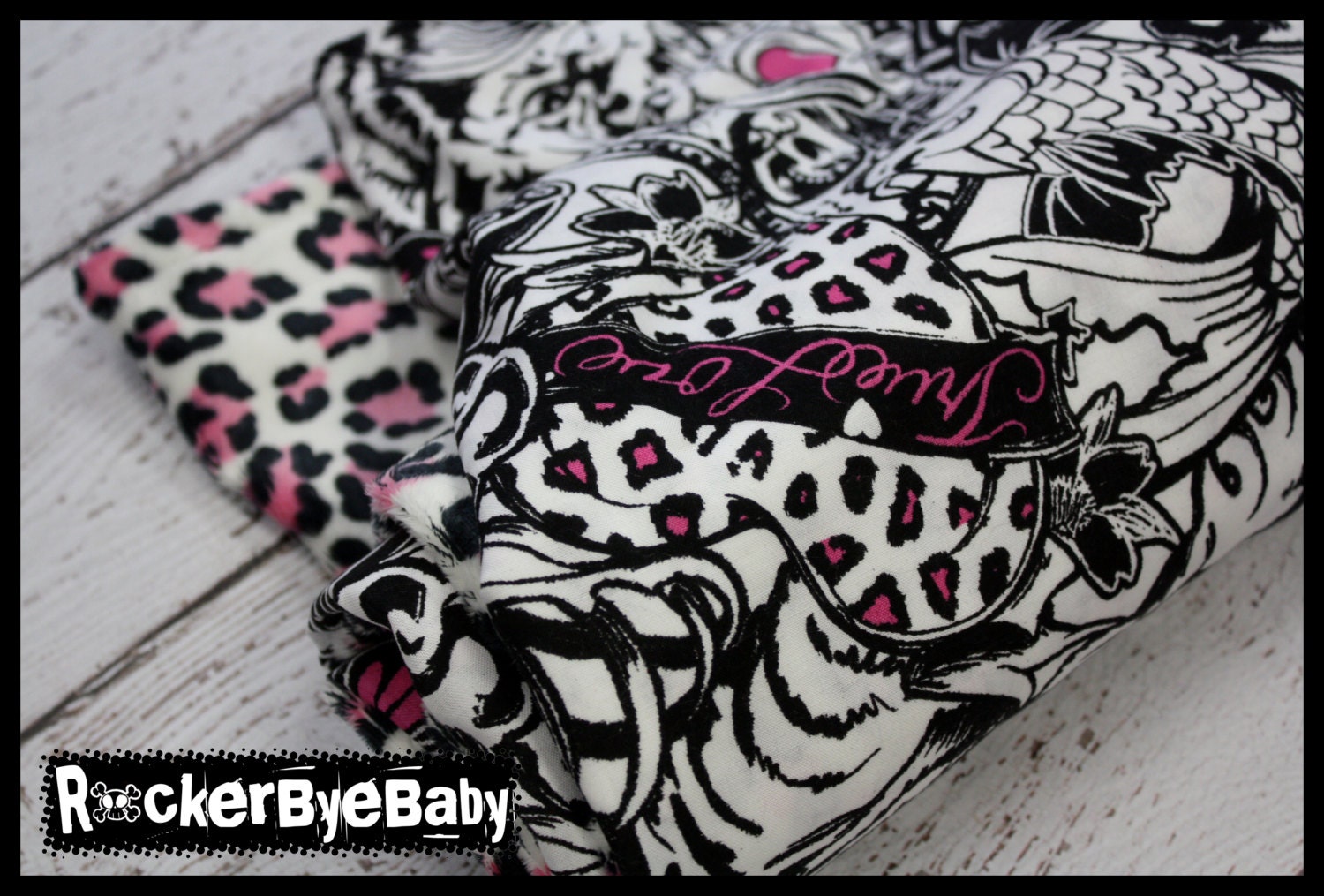 Wild Child baby or toddler blanket Punk Rock Guitar Skull Butterfly Girl Pink Black White and pink cheetah minky