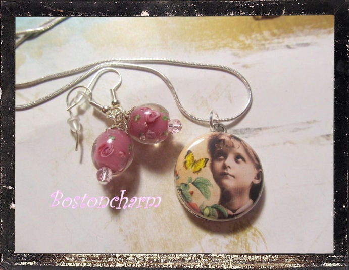 Vintage Style handmade Necklace, Butterfly girl,   glass lampwork beads flowers  Altered Art Charm Necklace and Earrings set    ooak   ebsq