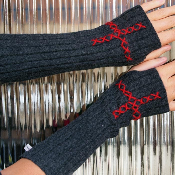FREE SHIPPING Tubeway Armies Arm Warmers - Charcoal Grey with Red Cross Stitch