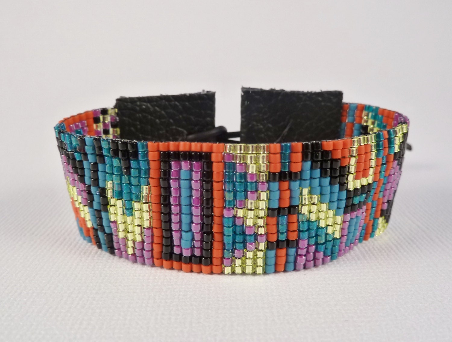 Geometric Beaded Friendship bracelet, Summer Brights, Boho, Hand woven, fuschia, slate blue