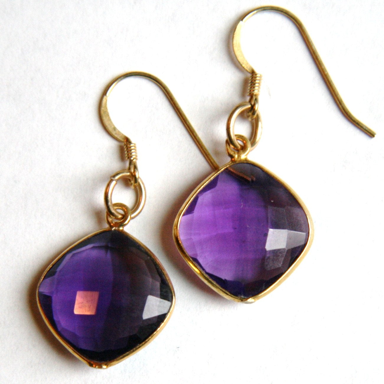 Gold Wrapped Purple Crystal Dangle Earrings