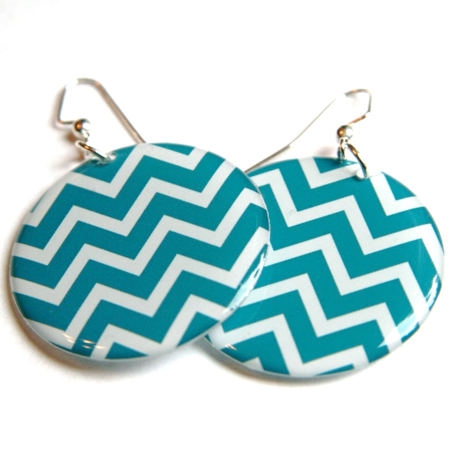 Bright Turquoise Chevron Large Resin Earrings with Sterling Ear Wires