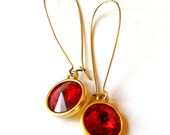 Bright Fiery Red Crystal and Gold Dangle Earrings
