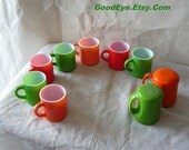 Vintage 50s Stacking Coffee Cups Collection SIX 6 Colorful Mod Mugs Glass Fostoria MCM