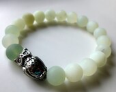 New Jade Bracelet, Stretch, Owl, Frosted Pale Green Gemstone, Graduation Gift