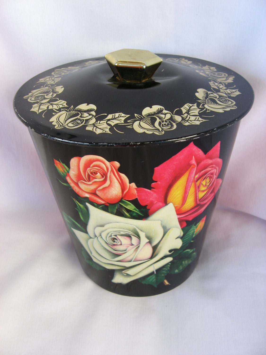 Vintage Black Cookie Decorator Tin Box w Roses Made in England