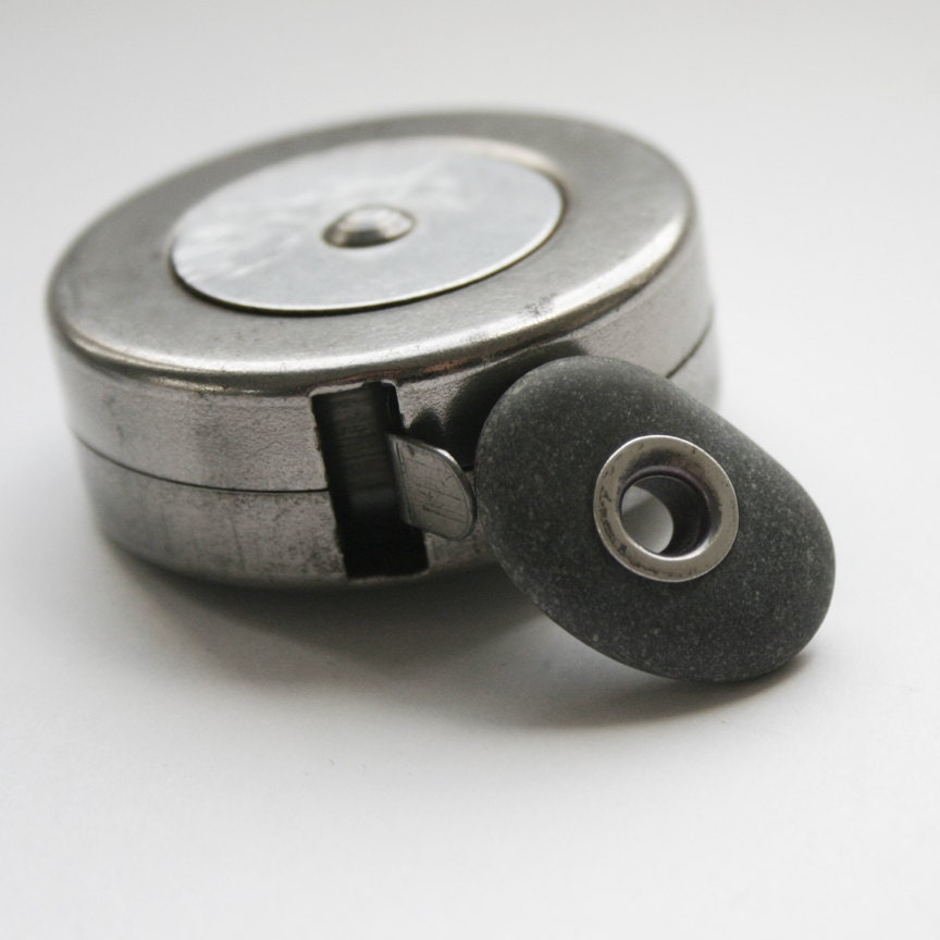 Silver Riveted Beach Stone . Grey Stone With Big Sterling Silver Rivet Tube Grommet  6