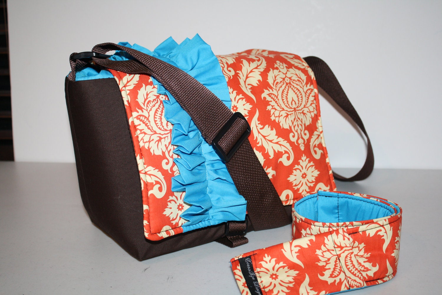 Digital Slr CAMERA Bag - Dslr camera Bag - Lens case 2 - Camera Strap Cover - Saffron Damask Turquoise ruffle  XcessRize Designs