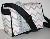 MESSENGER BAG Laptop Bag Diaper Bag Book Tote Purse Pink Grey Chevron Grey Ruffle  XcessRize Designs