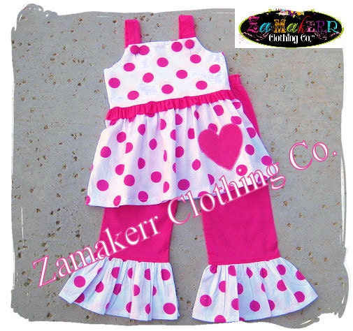 Girl Valentines Day Set - Pink Polka Dot Pant Outfit Set - Custom Boutique Girl Clothes 3 6 9 12 18 24 month size 2T 2 3T 3 4T 4 5T 5 6 7 8