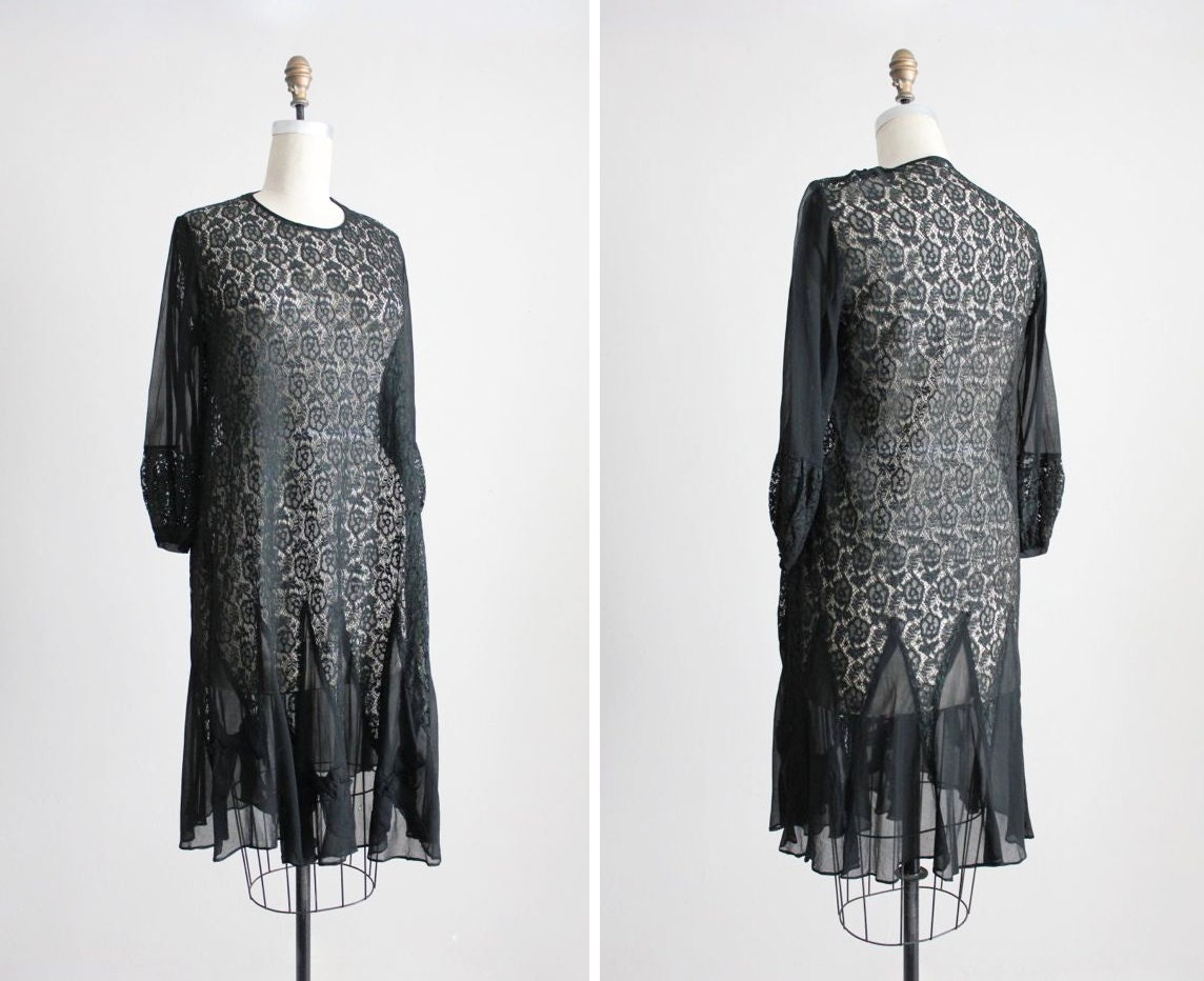 1920s dress / black lace dress / vintage 30s dress
