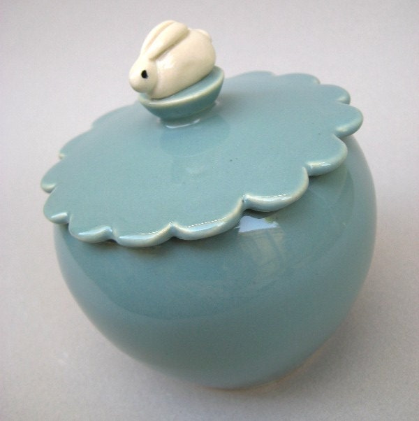 Bunny Robins Egg Blue Jar- Scalloped Lid- Hand sculpted wheel thrown stoneware and porcelain pottery