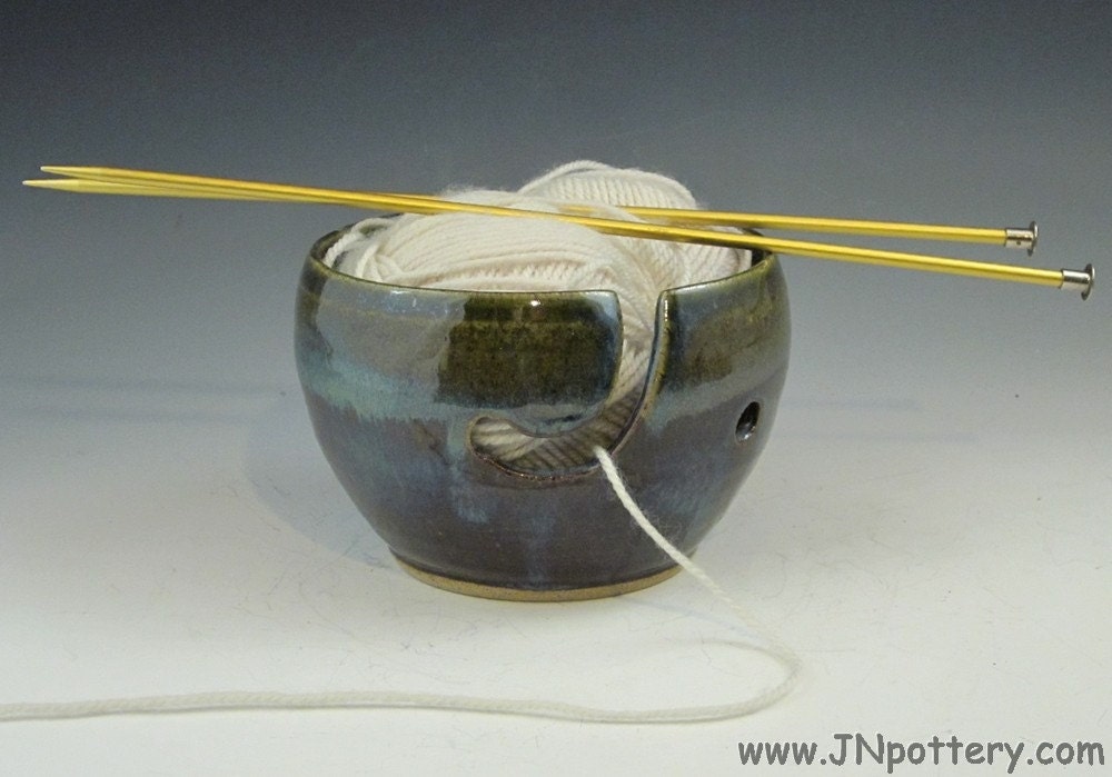 Stoneware Yarn Bowl, Slotted Skein Holder, Knitting Accessory, Shades of Blue  v441