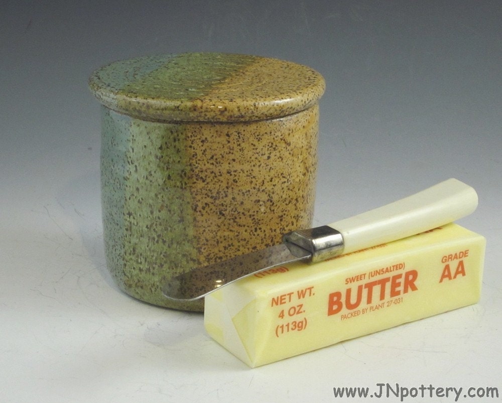 Ceramic French Style Butter Keeper. Stoneware Butter Storage, Speckle Straw and Robin's Egg Blue  s229
