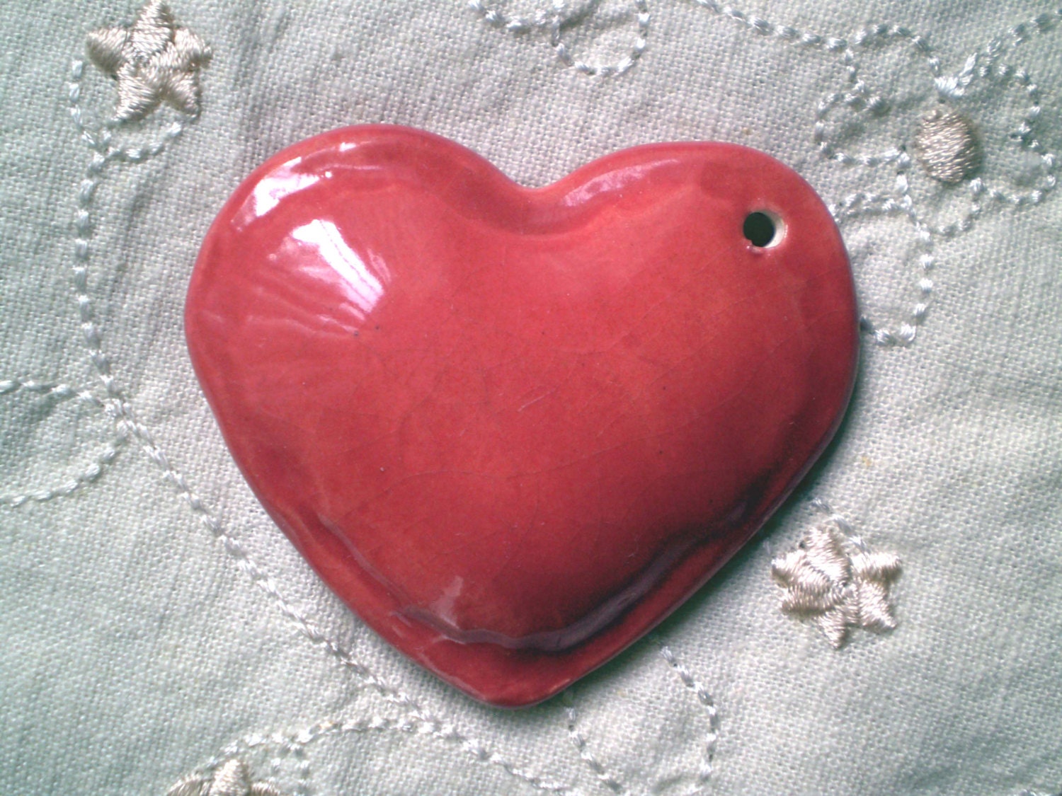 Red Heart, Handmade Clay Bead Supply, OOAK, Ceramic Pottery Focal Bead Supply