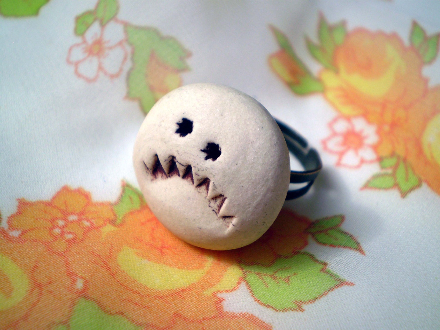 Grumpy Face Mood Ring, Porcelain Clay, Adjustable, OOAK Handmade Geekery Gift