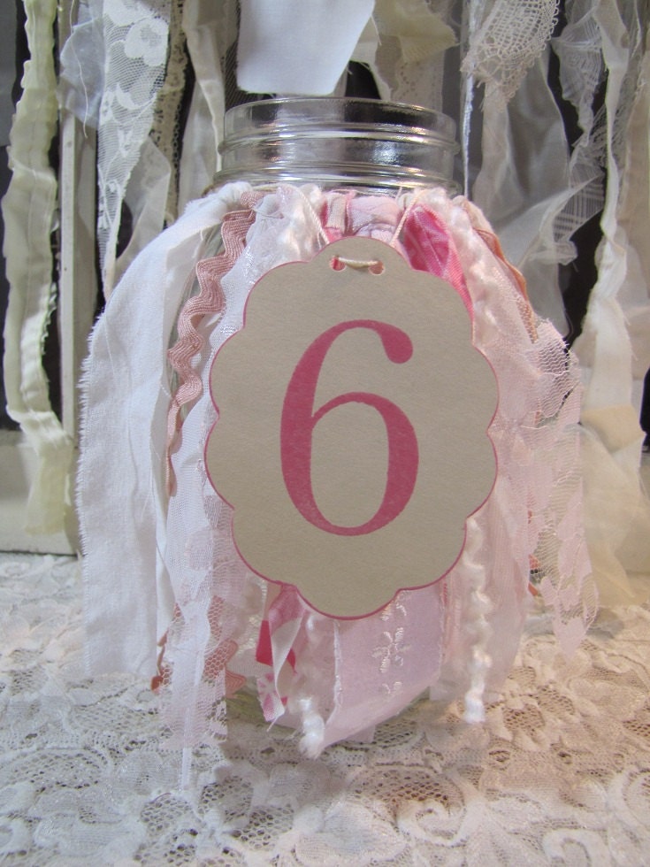 Tattered Fabric Lace Canning Jar Table Numbers and Flower Vase Shabby Chic Barn Rustic Romantic Prairie