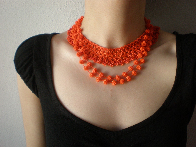 Grace - Tangerine ... Beaded Crochet Necklace - Beadwork - RESERVED