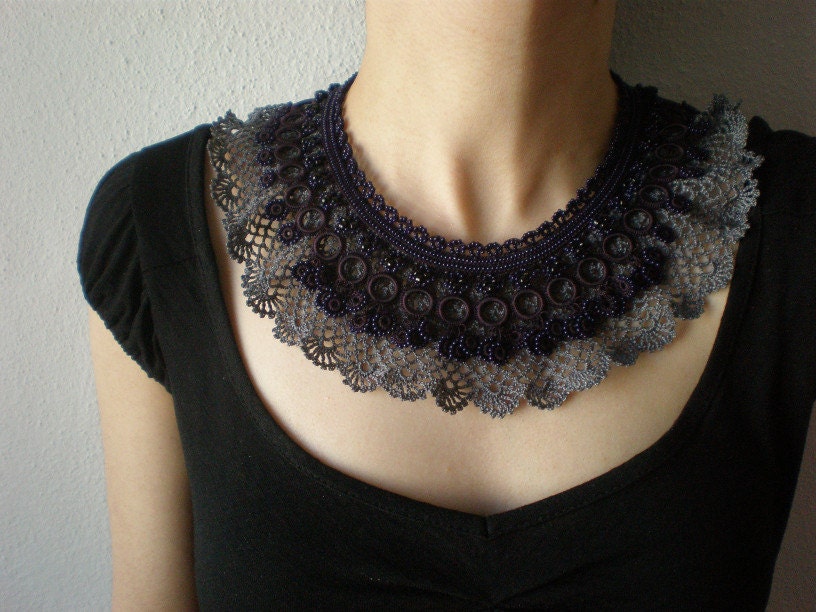 Gray Purple Lace - Circular Motion ... Beaded Crochet Necklace - Beadwork - Black Eggplant Midnight blue