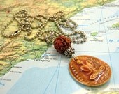 Namaste Necklace with Ceramic Yoga Pendant and Rudraksha on Long Chain