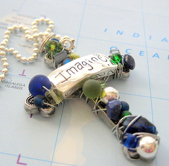 Treasures "Imagine" Wire-Wrapped Beaded Cross on Silver Chain