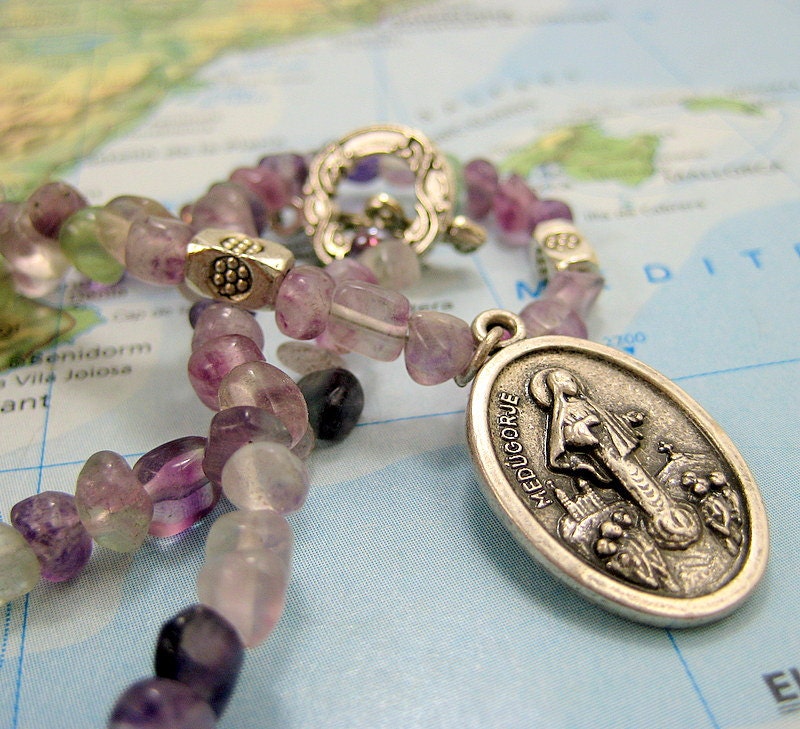 Necklace with Silver Mary of Medjugorje Medal on Gemstone Strand