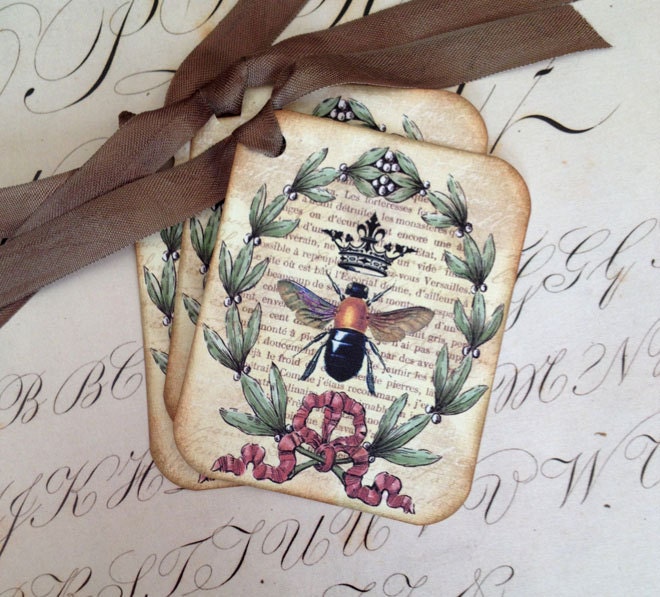 Bee Tags - Vintage Bee Tags - French Bee and Crown - Set of 4
