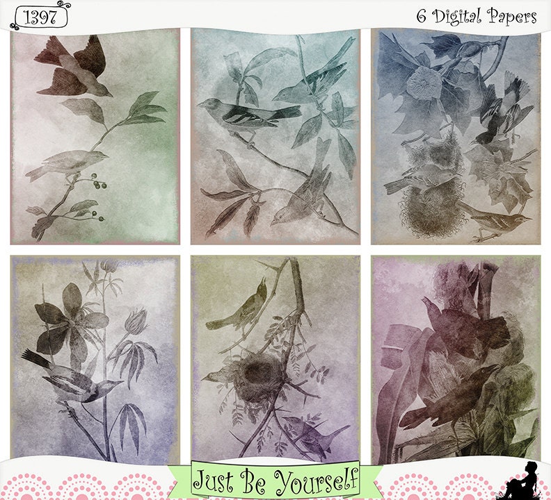 Grungy Letterpress Birds Collection 2 Printable Art Journal Papers 8.5 x 11 inches - Instant Download Set of 6  JPEG & PDF (1397)