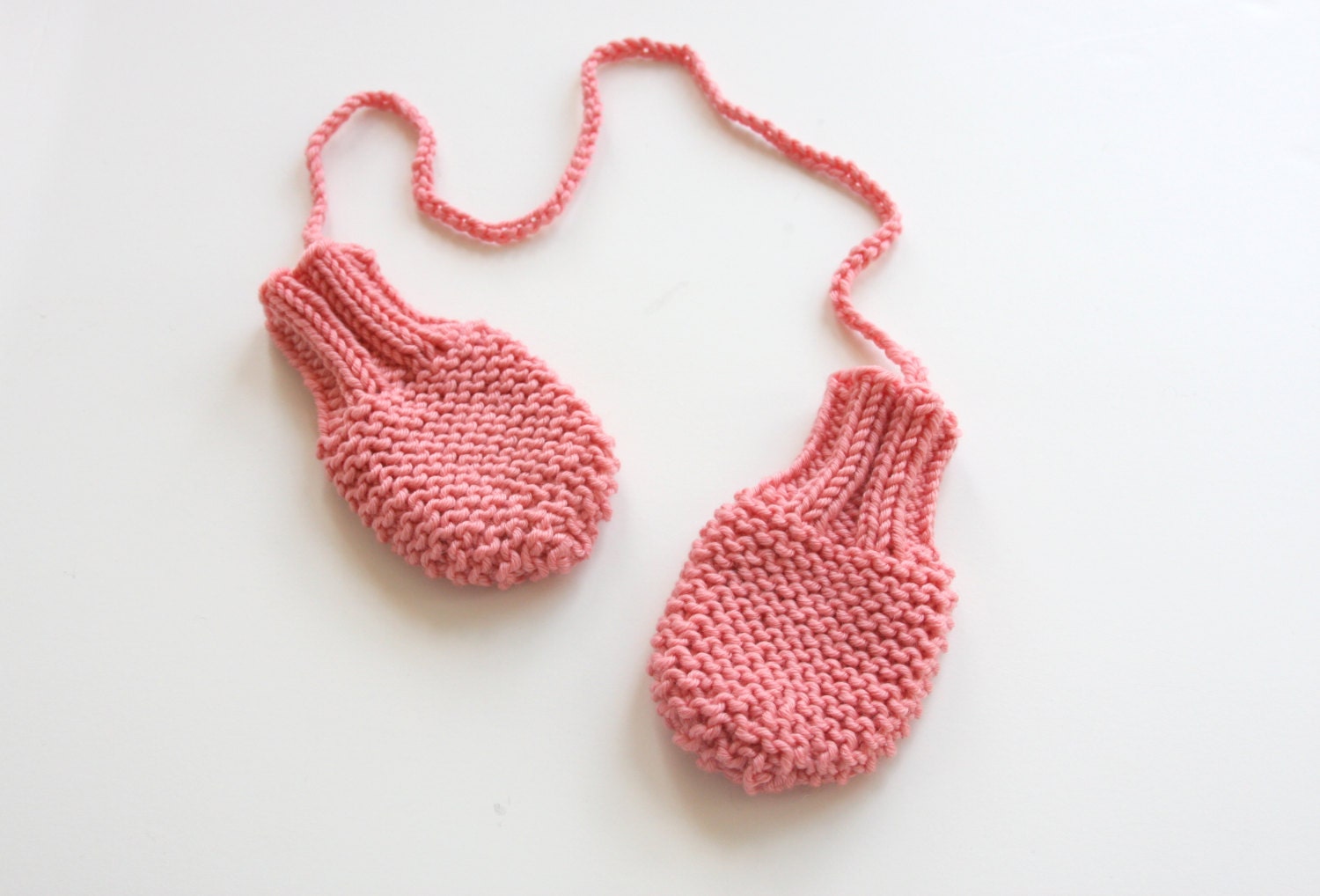 Hand Knit Baby Mittens with String - Pink Knit Baby Mittens - Baby Mitten - Baby Girl Knit Mittens - Thumbless Baby Mitts - READY TO SHIP