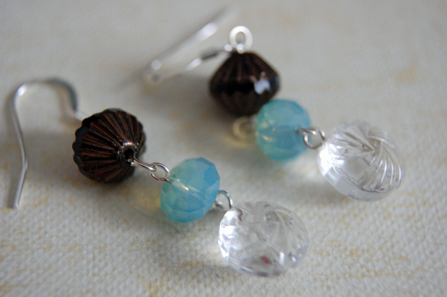 Bronze brown, aqua and clear glass summer dangle earrings