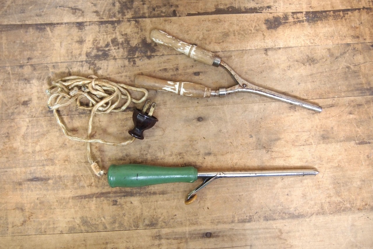 reduced  Lot of 2 Vintage Curling Iron Wooden Handled with weathered paint green electric and non electric