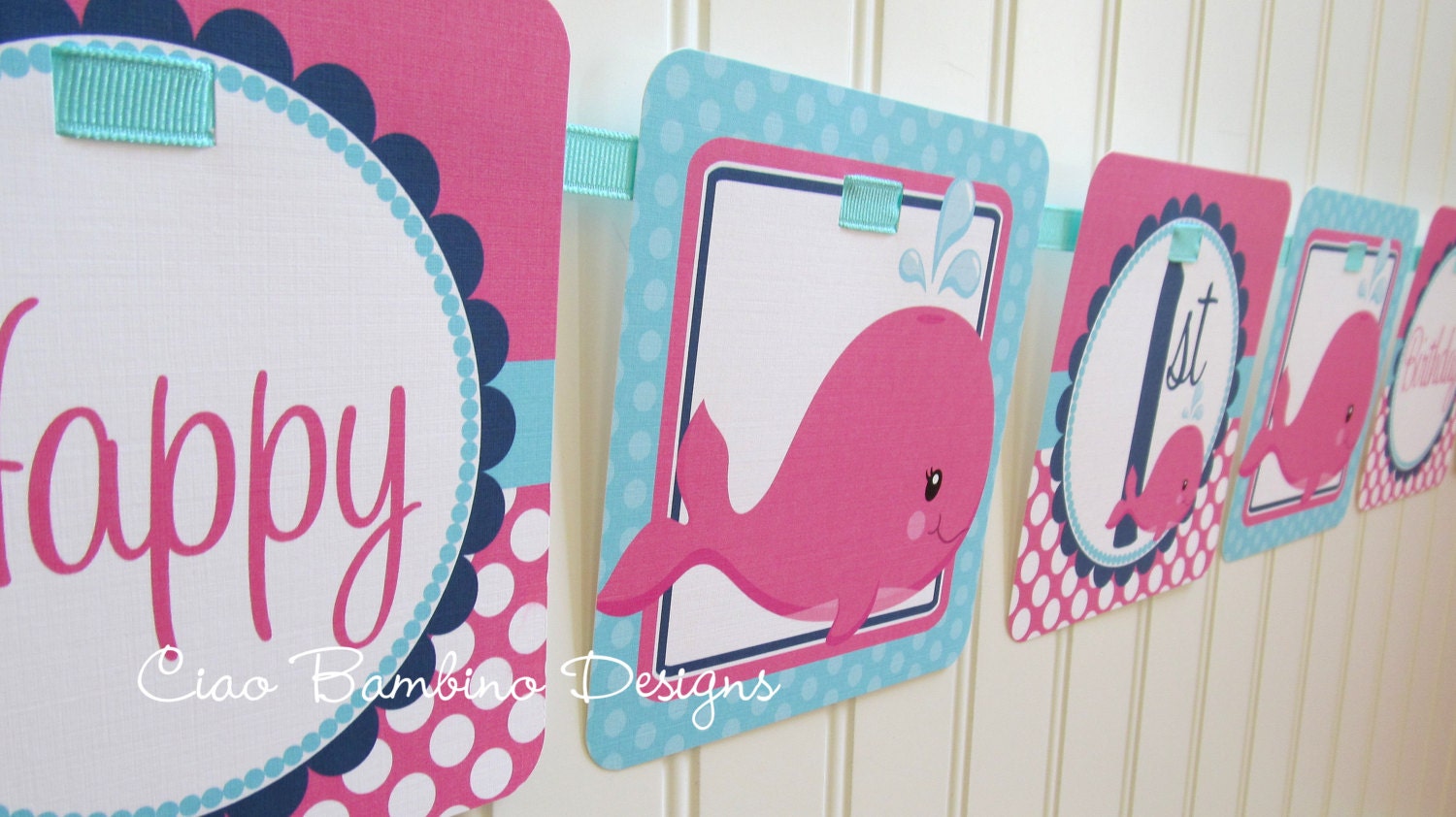 NEW - Whale of a Party - Happy Birthday Banner for Girls - Hot Pink, Navy Blue and Turquoise