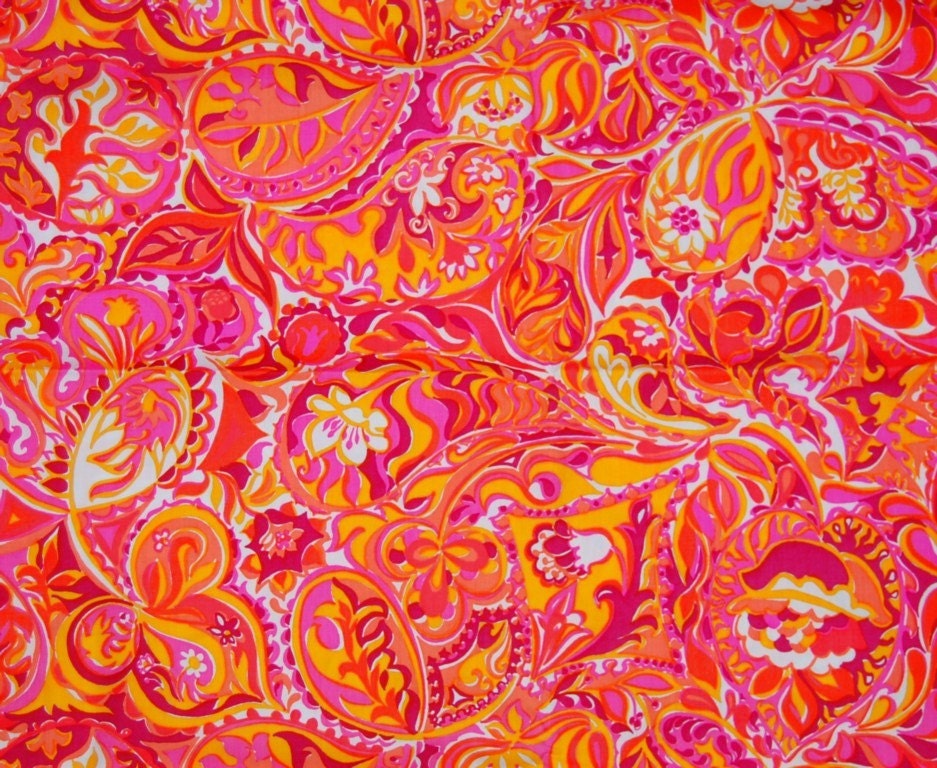 VINTAGE 1970s Key West Hand Print Fabric ZUZEK for Lilly Pulitzer Wonder World neon orange and pink swirls