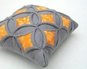Gray Orange Batik Quilted Pincushion Cathedral Window Pillow - 5 Inches Square