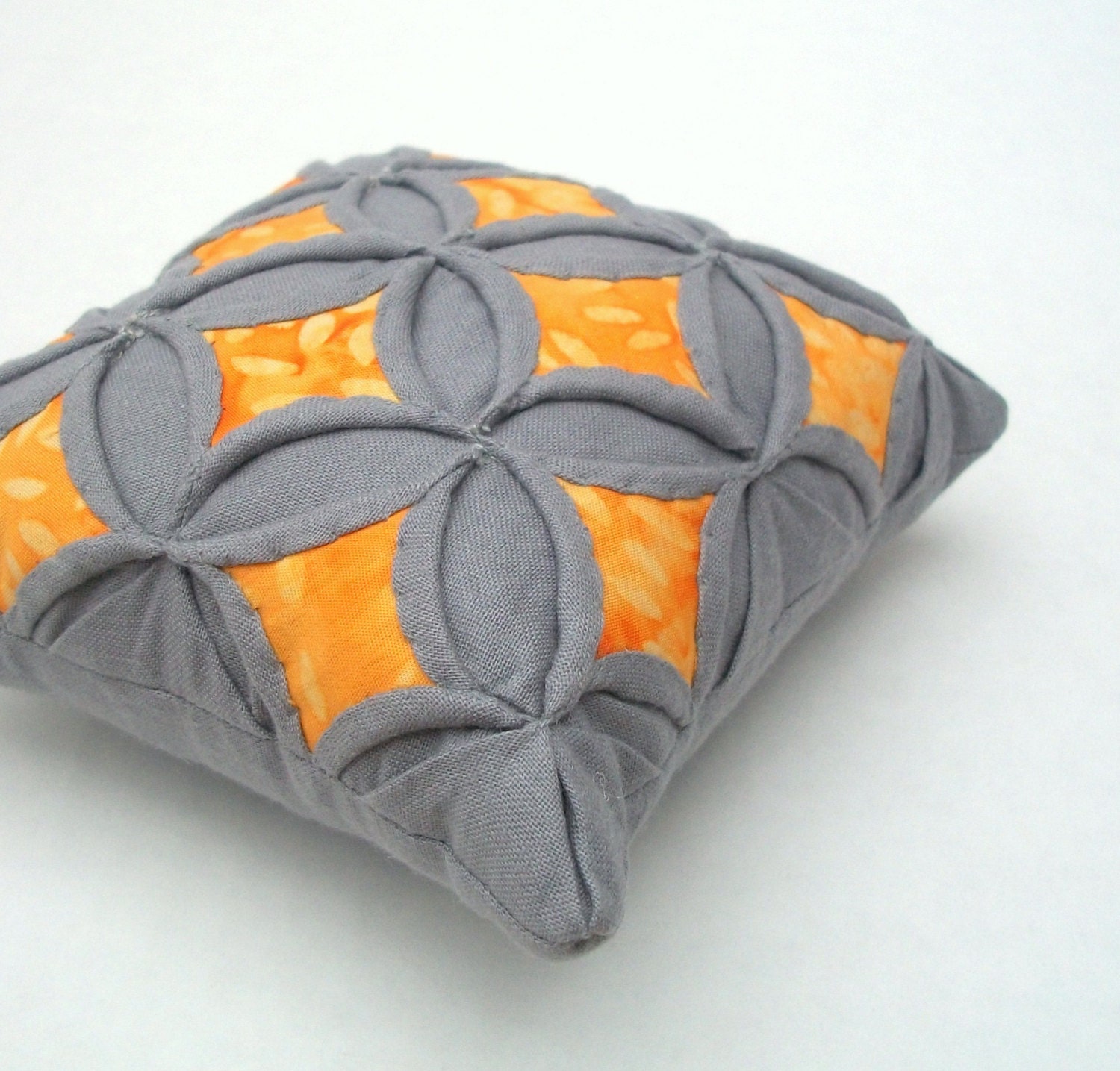 Gray Orange Batik Quilted Pincushion Cathedral Window Pillow - 5 Inches Square