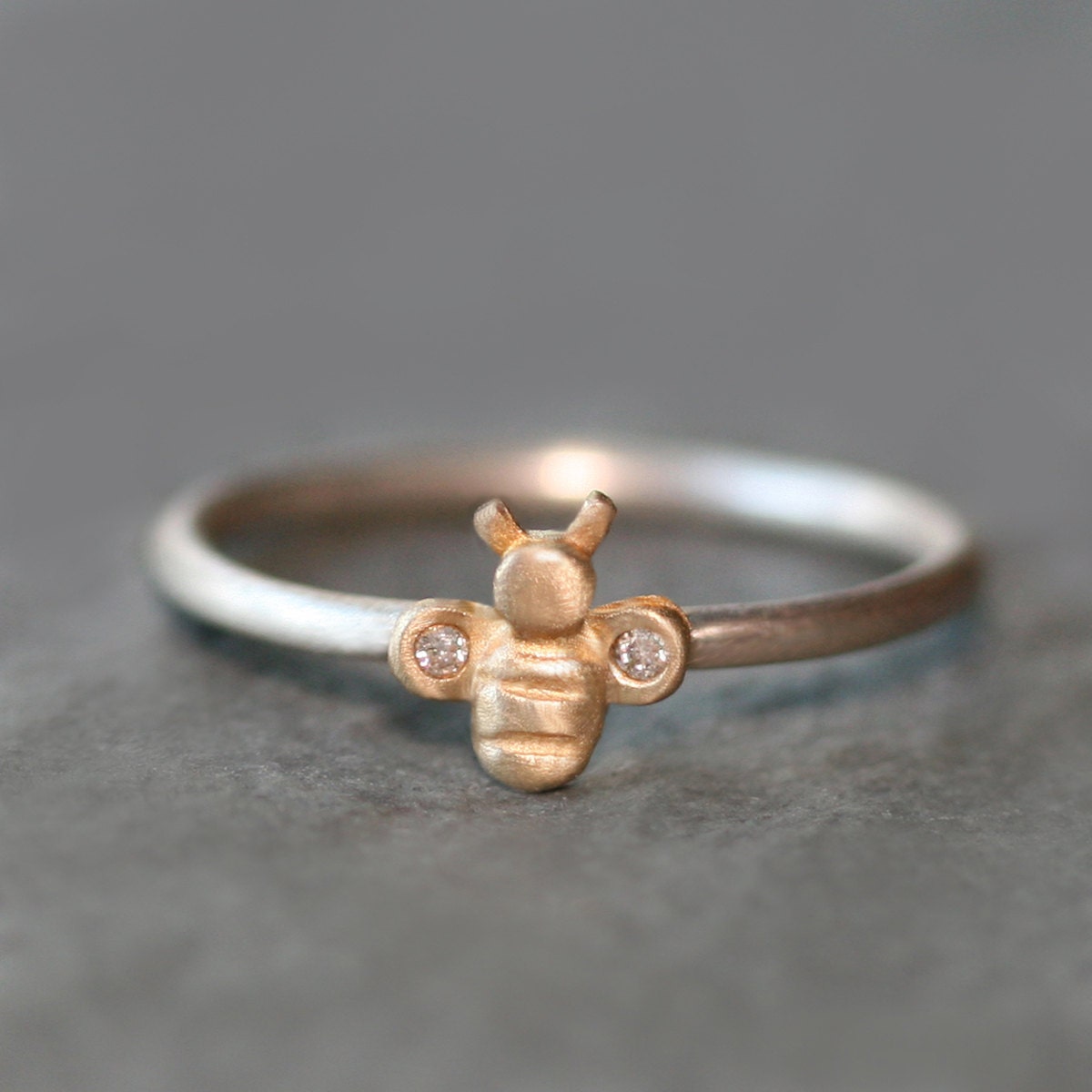 Bee Ring in 14K Gold and Diamonds with Sterling Silver Band