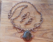 Labradorite Citrine Collar Necklace Wire Wrapped in Oxidized Copper with matching Earrings