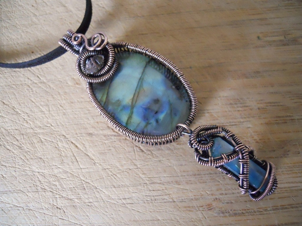 Labradorite Pendant Blue Green Flash Tourmalinted Herkimer Quartz Aqua Aura Point Wire Wrapped in Oxidized Copper