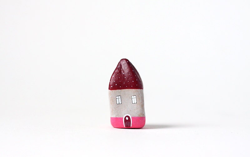 Little Home No 389 - Little clay house - maroon, beige and pink with tiny dots
