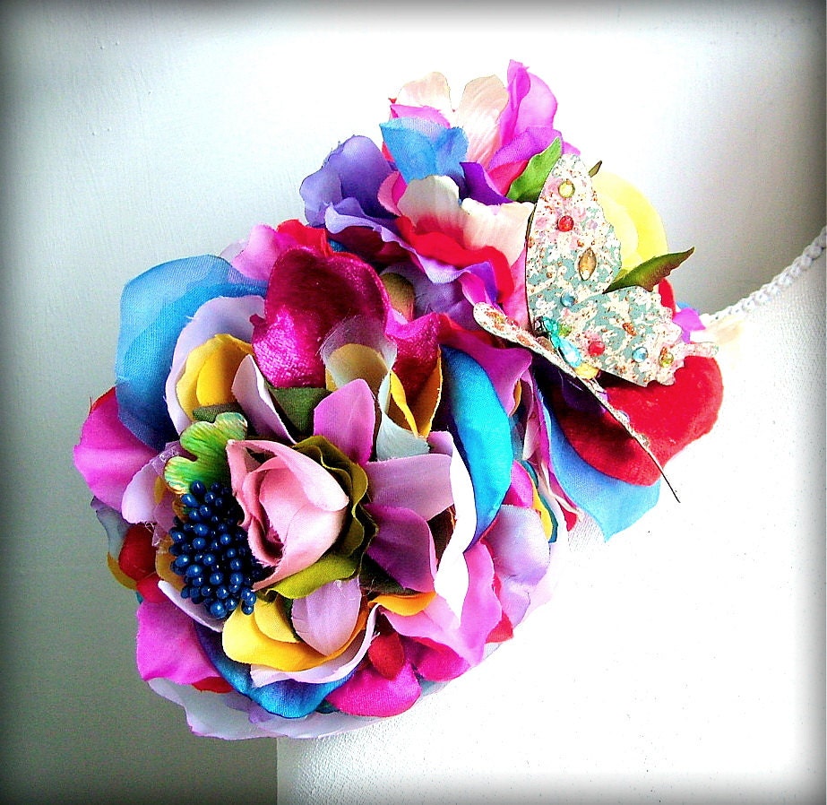 Window Box Springtime blooms - OOAK Flower and Butterfly headband - Ready to ship