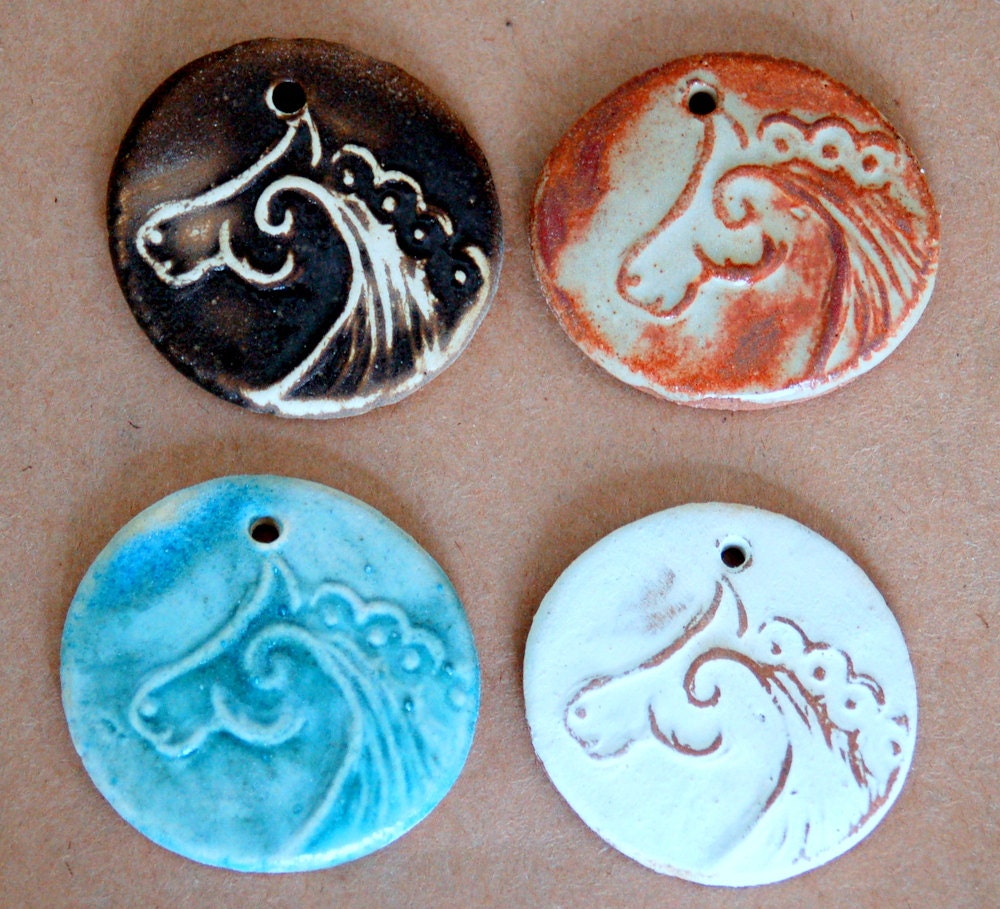 4 Handmade Stoneware Beads - Horse Beads