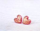 Tiny Earrings with Gold Foil - Heart Ear Studs - Crimson - Women Everyday Earrings - Childrens Jewelry - Gift idea