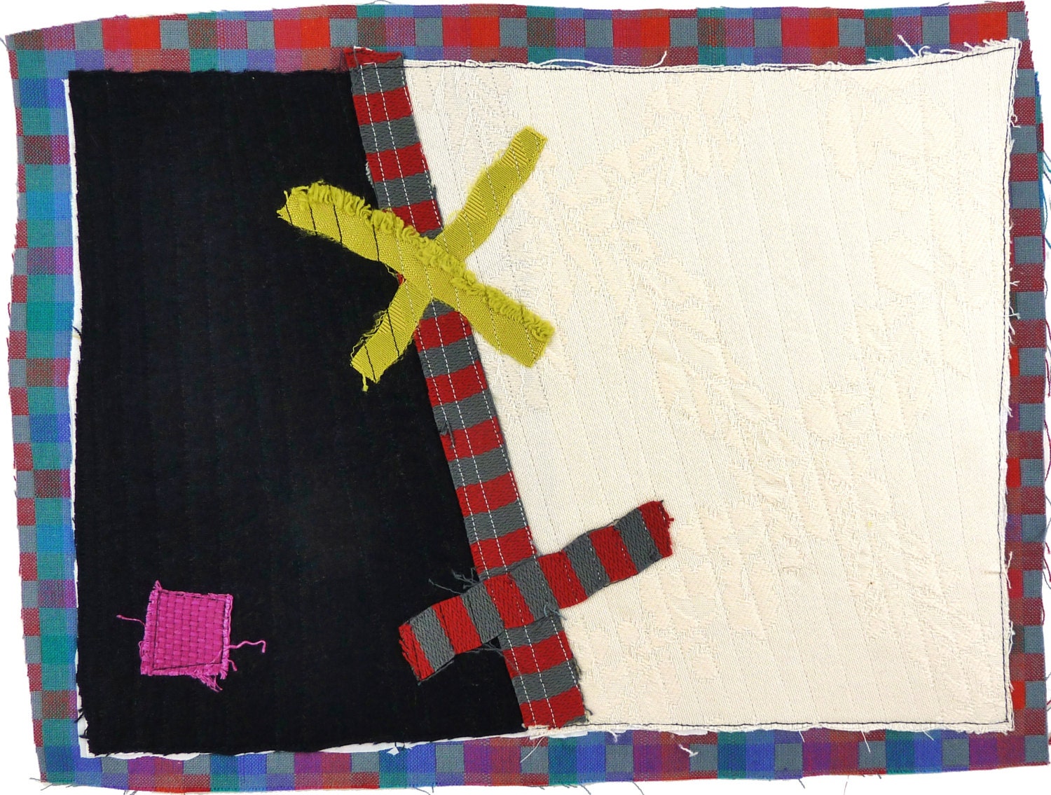 4.17.2013, quilted drawing, small art quilt, contemporary, abstract, haiku, cream, citron, black, gray, red, fuchsia, blue, teal