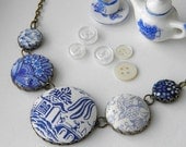 Blue and White China, Fabric Button Necklace