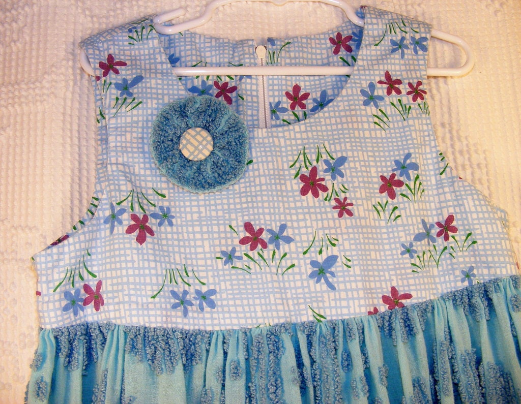 Upcycled  Size 4 Girls Jumper Dress, UPCYCLED Girls Chenille Dress, Little Girl Dress, Child's Dress,  Embellished, Blue