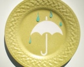 April showers will bring those May flowers -- white umbrella with tropical blue sculptural rain drops with spring green background