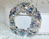 Vintage Blue Aurora Borealis Rhinestone Brooch Wreath Silver Tone
