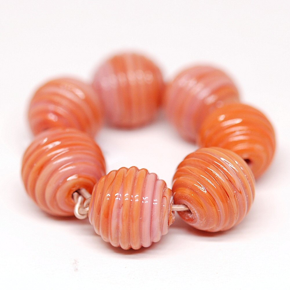 Coral Ribbed Lampwork Glass Bead Set